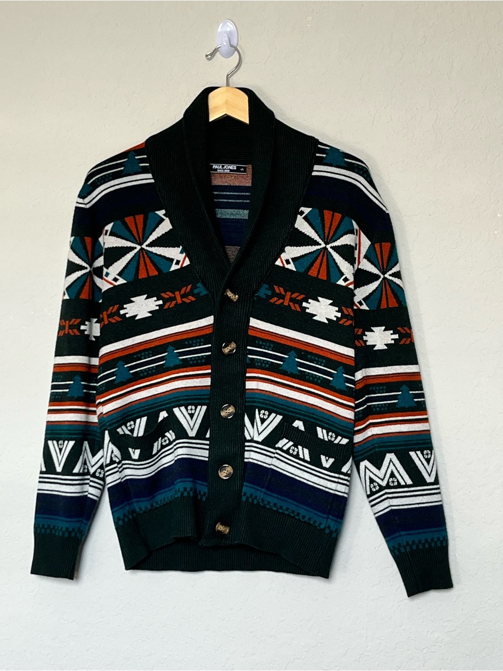 Paul Jones Men’s S Geometric Southwestern Shawl Collar Cardigan Sweater Aztec